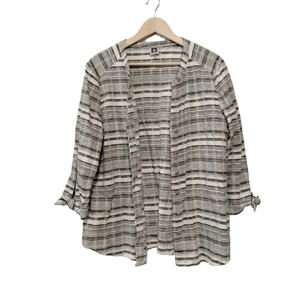 Anne Klein size Large Gray Off White Striped Linen Blend Button Up Shacket - Picture 1 of 11